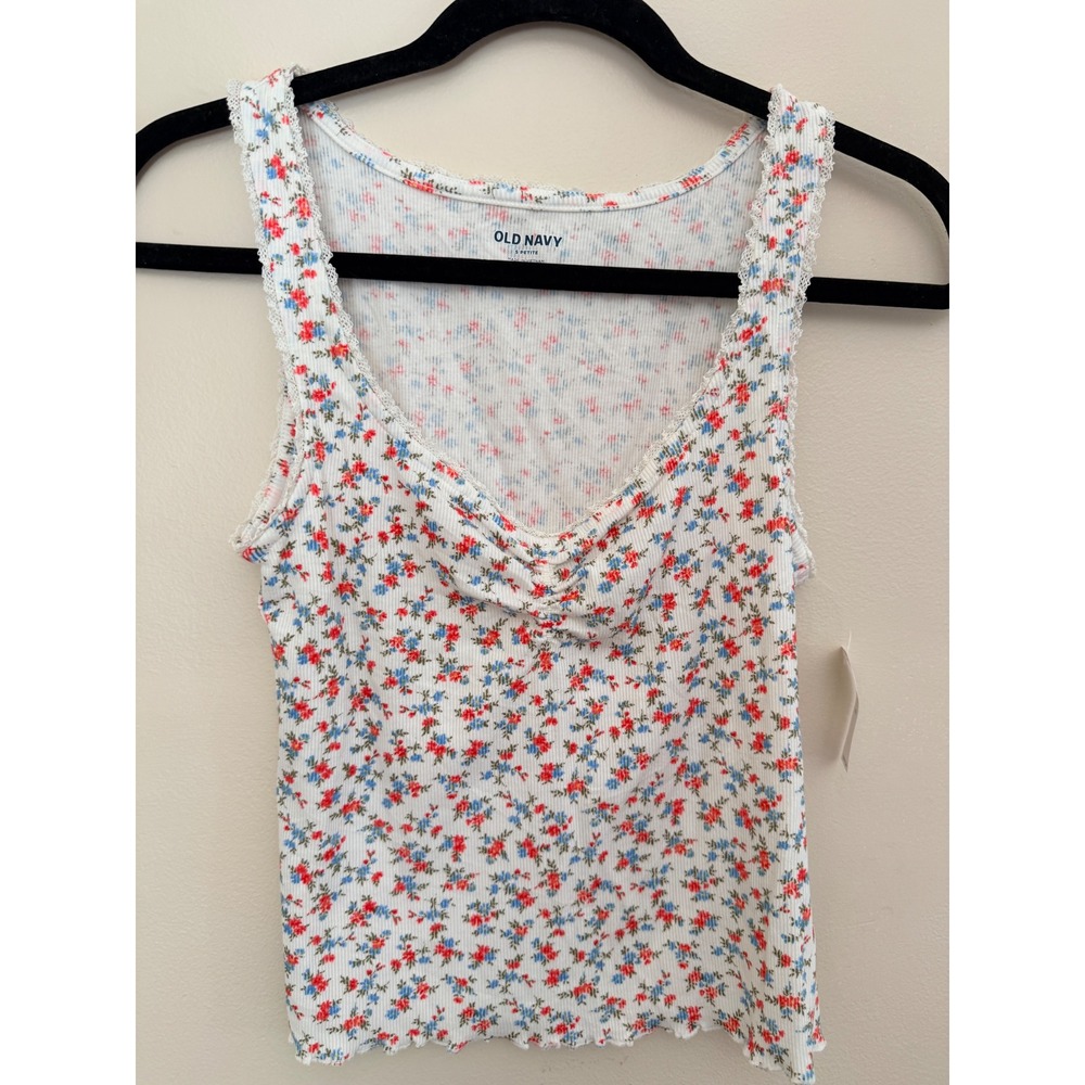 Old Navy Ditsy Floral Ribbed Tank Top White Red Blue Lace Trim Small Petite NWT